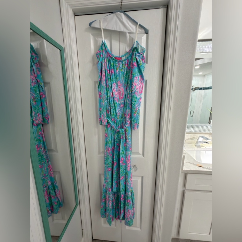 Lilly Pulitzer Odella Maxi Dress Off The Shoulder Amalfi Blue Wishes L - Picture 7 of 7